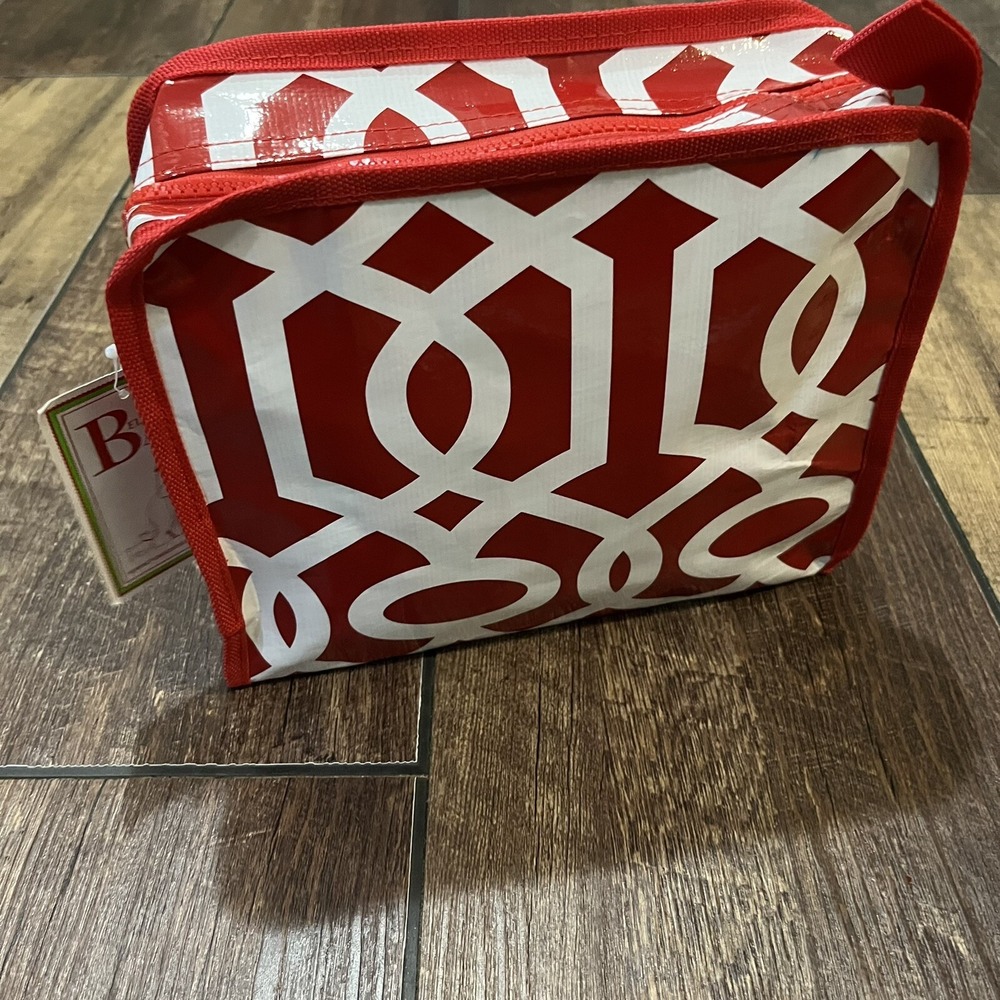 SJE Monogram Christian Cross Red Geo Lattice Cosmetic Toilette Travel Bag NWT - Picture 2 of 8